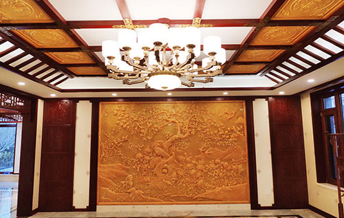 郓城中式别墅客厅中式木作横梁吊顶装饰展示